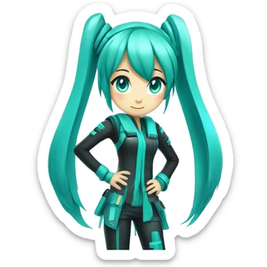 Hatsune Miku has long, turquoise green pigtails, a futuristic outfit, and striking teal eyes sticker
