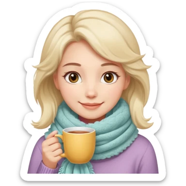 A warm-looking woman with a fluffy pastel scarf, smiling softly while holding a cup of tea. sticker