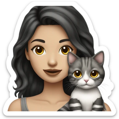 Beautiful dark haired tattooed woman holding gray and white stripe long haired cat sticker