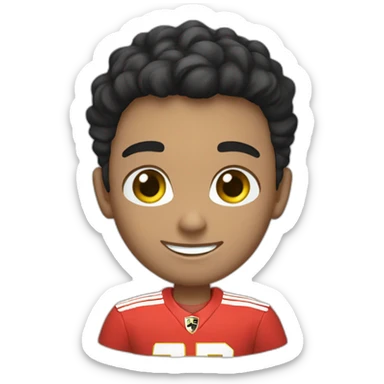 A smiling white teen with a long face in red Ferrari jersey with very short black hair and light green eyes and dig cheeks sticker