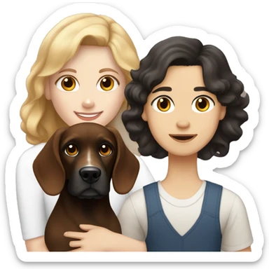 Brown-haired white-skinned girl and black-haired tan-skinned boy with a white and brown cocker spaniel. sticker