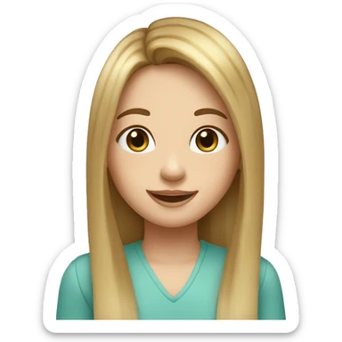 happy girl with porcelain face and FRECKLES, blue-green eyes, long straight brown hair with blonde highlights and curtain bangs sticker