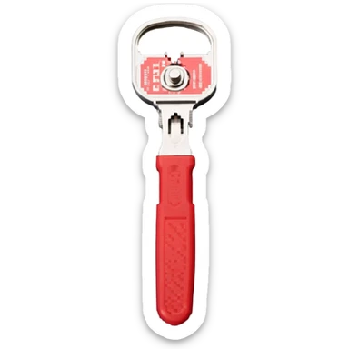 metal can opener with red handle sticker