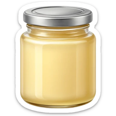 small squat glass jar of pale yellow duck fat with a metal lid, creamy layer visible, no label or extras, soft lighting, subtle shadows, emoji scale sticker