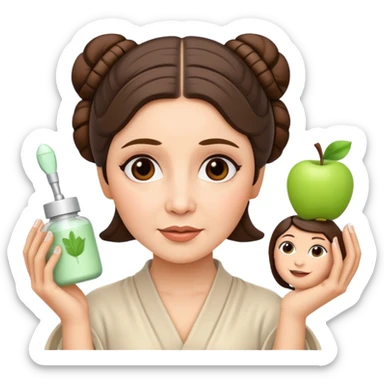 Princess Leia from Star Wars as an emoji, doing her skin care routine in the morning, cheerful expression, simple apple emoji style sticker