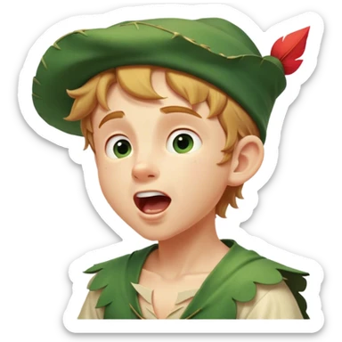 Cinematic Realistic Peter Pan Portrait, head tilted slightly with a dramatic, wide-open yawn, revealing a relaxed yet spirited expression. His detailed tunic and cap, paired with a gentle, ambient glow, capture a tender moment of vulnerability amidst his eternal quest for adventure. sticker