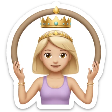 Cute emoji sticker of a girl holding a Pilates ring (magic circle) with both hands, squeezing it. She is smiling, wearing a tiny crown and beige activewear. Pastel accents, kawaii style, clean white outline, transparent background. sticker