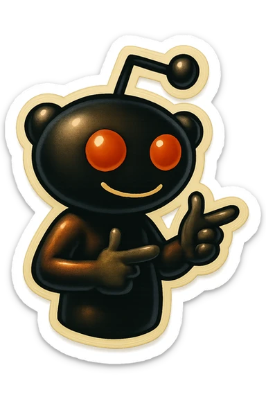 Edit the Reddit Snoo mascot to be doing finger guns, keeping the same style and proportions as the original. Use a simple background. sticker