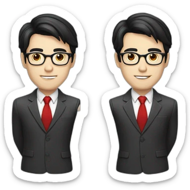 Man in a suit and red necktie with black hair, pale skin, black reading glasses, sticker