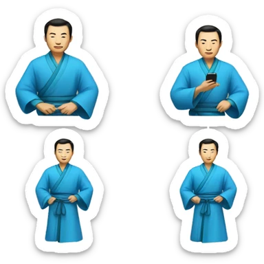 Chinese man in a blue robe makes an iPhone sticker
