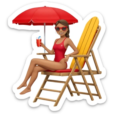 Female lifeguard – red swimsuit, sunglasses, sitting on tall lifeguard chair. sticker