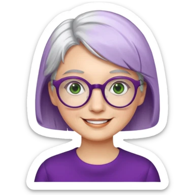 visage femme a lunettes ronde avec cheveux courts gris-blancs aux yeux verts qui souris habillé en violet sticker