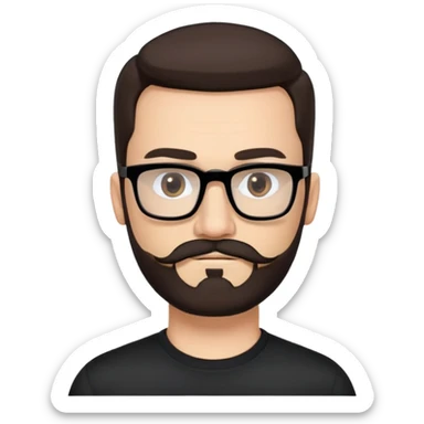Caucasian male, long- hair straight dark brown hair combed back, thick dark eyebrows, rectangular black eyeglasses, full beard and mustache neatly groomed, neutral facial expression, wearing a black crew neck shirt. sticker