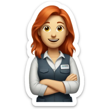 Red haired woman with work clothes showing her thumbs up sticker