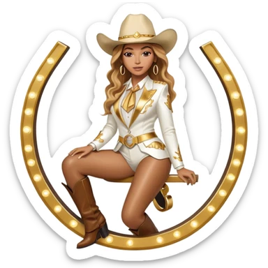 Beyonce sitting with gold and white cowboy suit and hat sitting on giant light up horseshoe sticker