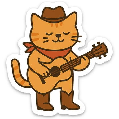 flat toon orange cowboy cat strumming an acoustic guitar, wearing cowboy boots and a bandana sticker