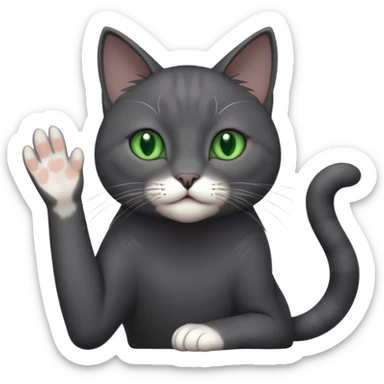 full body gorgeous solid dark grey cat with green eyes, white paws and white whiskers reaching for something sticker