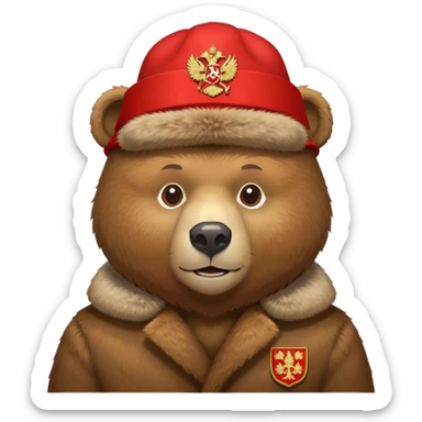 Russian brown bear wearing a red ushanka hat with Russian coat of arms emblem, front view, iOS emoji style sticker