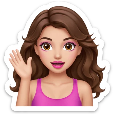 girl with long wavy brown hair, brown eyes, long lashes makeup, sexy pink lips, light to medium complexion, pink sexy top,slapping sticker