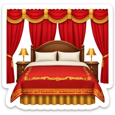 bed with red and gold sheets, wooden, red courtains sticker