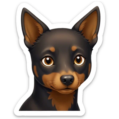 Cinematic Noble Black and Tan Kelpie Portrait Emoji, Poised and regal, with a strong, agile build and a glossy, well-groomed Fur of deep black and tan accents, piercing dark eyes, Simplified yet sharp and sophisticated features, highly detailed, glowing with a soft, dignified glow, high shine, intelligent and energetic, stylized with an air of determination, focused and attentive, soft glowing outline, capturing the essence of a watchful and confident herder, so majestic it feels as though it could bound out of the screen with effortless authority! sticker