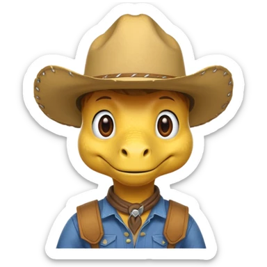 yellow dinosaor with cowboy helmet with cowbot clothes sticker