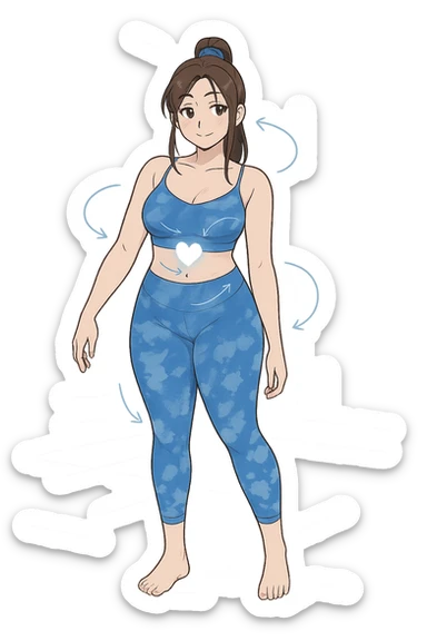 stile manga a woman stands in a relaxed pose, with a gentle, confident expression. Her body is shown with subtle, curved lines or arrows indicating areas of imbalance (such as a slight tilt in the shoulders or hips), but no signs of injury or damage. A soft glow or heart symbol at her core emphasizes resilience and the message “Non rotto, ma fuori equilibrio” The background is clean and clinical, with light blue tones. sticker