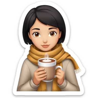 A girl with short black hair wearing a scarf and holding a cup of hot chocolate.  sticker