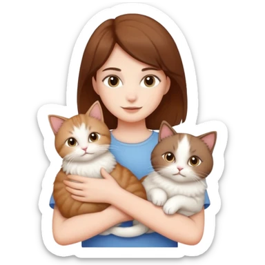 short brown haired white girl holding two cats. one is a white fluffy cat. the other cat is a brown fluffy cat sticker