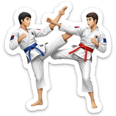 Two taekwondo fighters in a competition arena, one performing a high spinning kick towards the opponent’s head, while the other blocks with a precise guard. The background features a dynamic, bright arena with flags, emphasizing speed and agility in the martial art. Transparent background  sticker