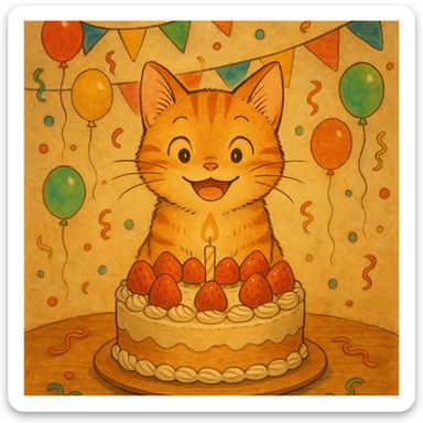 ginger tabby kitten with birthday cake, festive decorations, happy expression, ghibli style birthday scene sticker