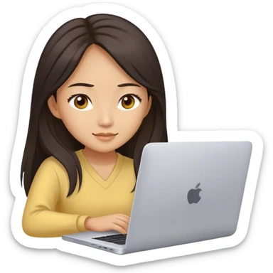 Long hair asian woman working on pale yellow laptop with brown eyes in zoom meeting  sticker