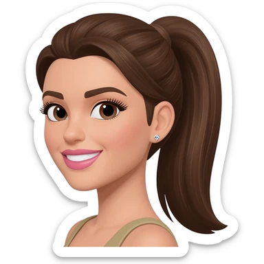brunette with long medium brown hair in a sleek high ponytail, dark brown eyes, medium brown eyelash color, full lips, small button nose, fair olive color skin, with full eye lashes, diamond earring studs, with pink lipstick, nice smile, with medium brown eyebrows sticker