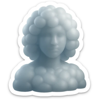 person looking straight, made entirely of very voluminous white fluffy convex clouds, shoulder length, matte glass style, no background sticker