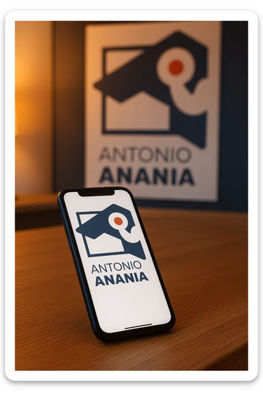 A photo of an iPhone on the desk with the logo of "Antonio Anania" on its screen, The phone sits atop a desk with a blurred with the logo in the background that suggests work environment. A faint glow from above casts gentle shadows across the surface of each object, creating depth and highlighting their textures sticker