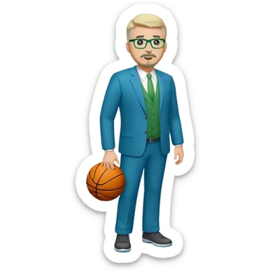 Full Body plus size white male basketball team manager with glasses blondish gray short hair with a goatee wearing blue and green suit sticker