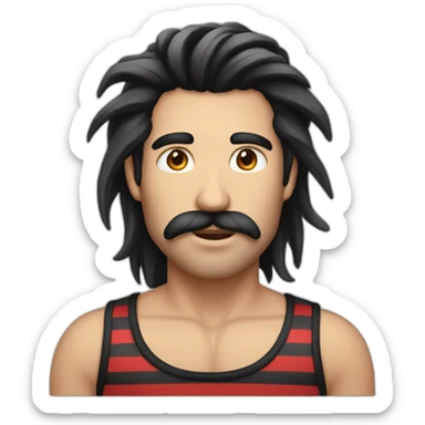 male with long black mane, long moustache and striped black and red tank top sticker