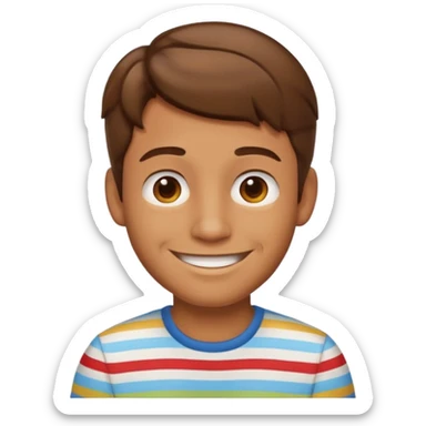 “Cartoony emoji avatar man, tanned skin, short wavy hair, wearing a striped shirt, smiling, clean turquoise background.” sticker