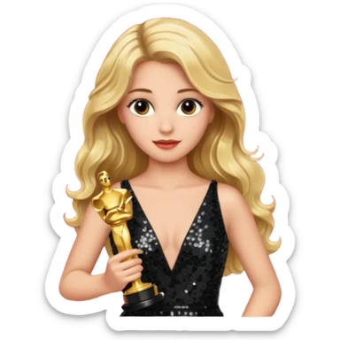 blonde model, brown eyes, long wavy hair, oscars red carpet, black sequin, holding oscar sticker