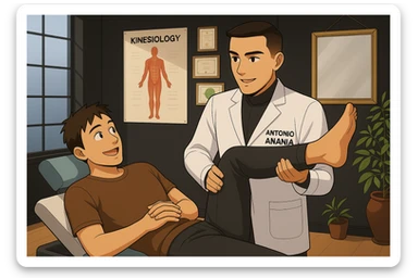 su questo lettino rappresenta un webtoon manga a colori con questo stile, in cui un uomo è steso sul lettino medico e il kinesiologo con il camice bianco (fagli anche la scritta "ANTONIO ANANIA" SUL CAMICE, gli solleva una gamba per fargli il test neuromuscolare, IL KINESIOLOGO SPIEGA ALL'UOMO UNA cosa mentre gli alza la gamba. l'espressione dell'uomo è felice e soddisfatta, non fare i fumetti però, fai solo in modo che sembri stiano parlando sticker