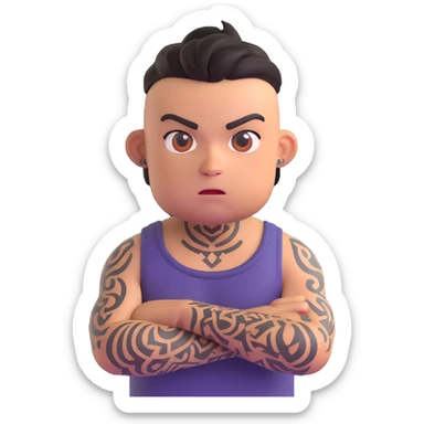 Make the person look like a gang member with visible tattoos and a tough expression, same 3D emoji style, no background. sticker