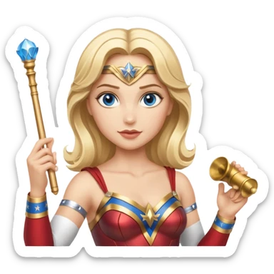 Blonde blue eyed Wonder Woman holding white orchestra conductor’s baton and bell sticker