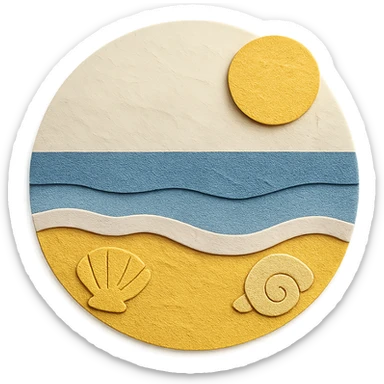 view of the ocean from the beach with sand, shells, and gentle waves, yellow and white sticker