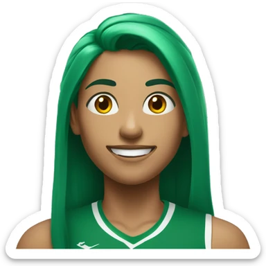 A woman in a green sports top with long green hair smiles broadly  sticker