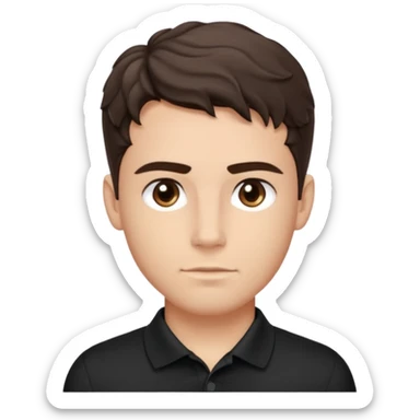 He’s a man with light to medium skin, a defined oval face, full brows, deep-set eyes, and wavy short dark brown tall hair styled with height, sides are trimmed. muscular. expression calm and focused relaxed black polo shirt. polished, articulate, and coach vibe. sticker