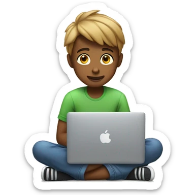 a 12 year old boy sitting in front of his macbook with his iphone 16 next to him sticker