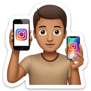 A man in frontal view holding up one iPhone toward the camera. The screen of the iPhone clearly displays the Instagram logo, brightly illuminated.  sticker