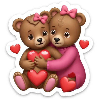 female bear with bow on her head and male bear hugging, couple, surrounded by hearts, playful and loving, cute, same height  sticker