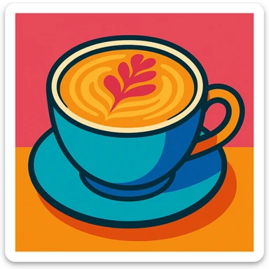 cafe latte with latte art print, vibrant colors, cartoon style sticker
