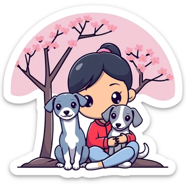 A young Chinese girl with long black hair and a pure grey Italian Greyhound with no white markings sitting under a cherry blossom tree sticker